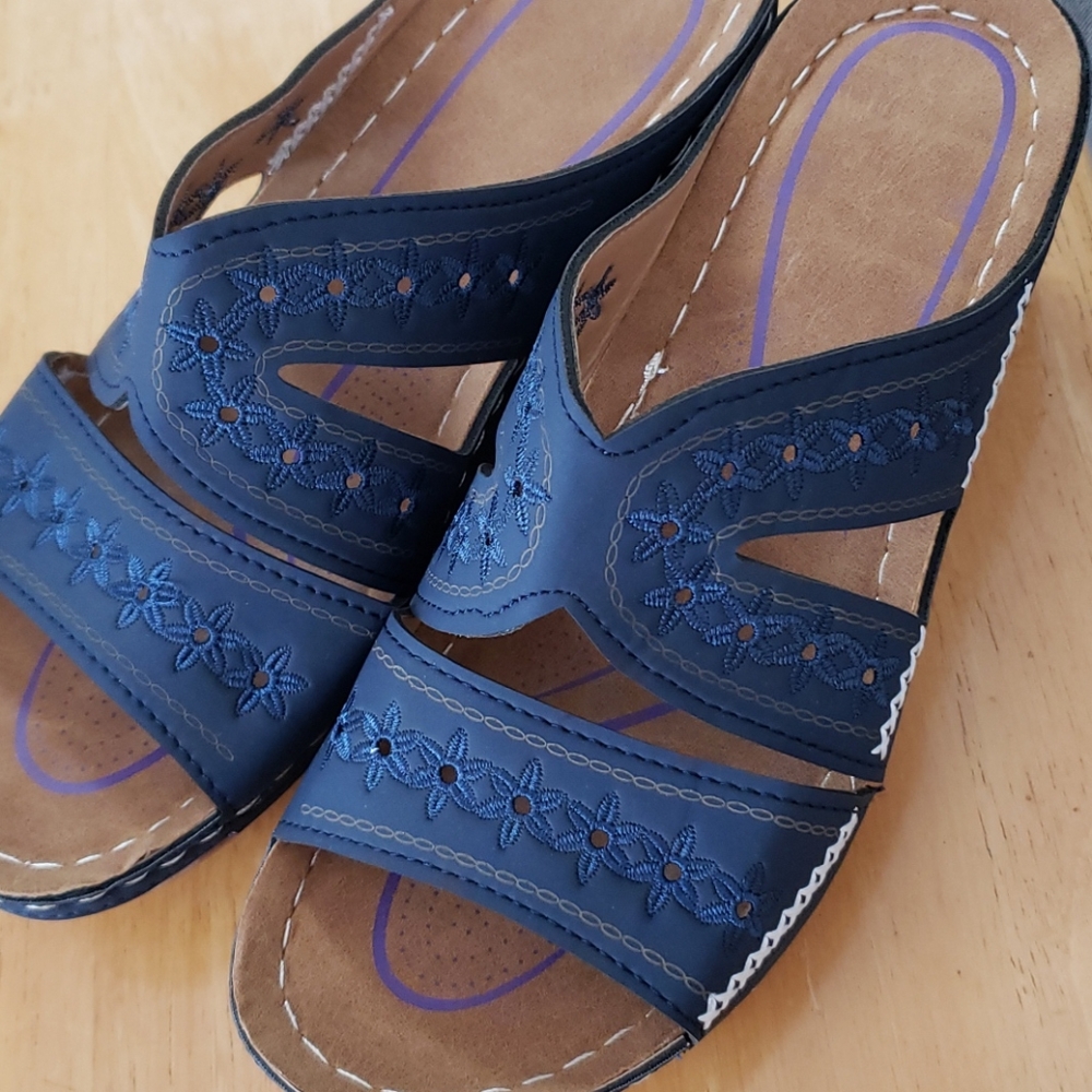 Sandals/New/ Never worn, Blue with stitching